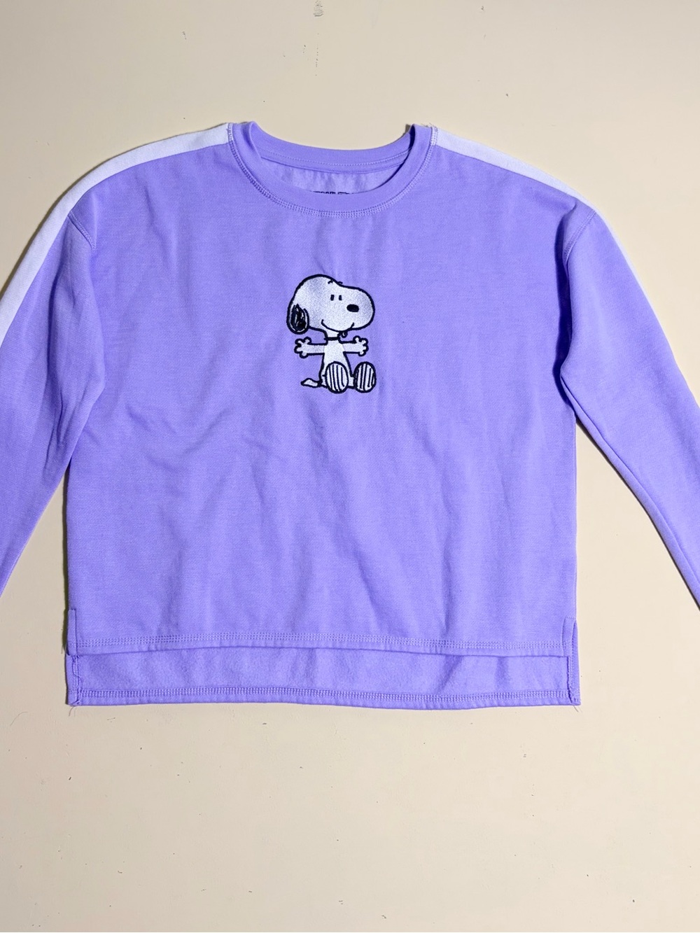 Peanuts Snoopy Purple Cropped Sweatshirt Size M Embroidered Stripe Casual Cozy - Picture 2 of 7